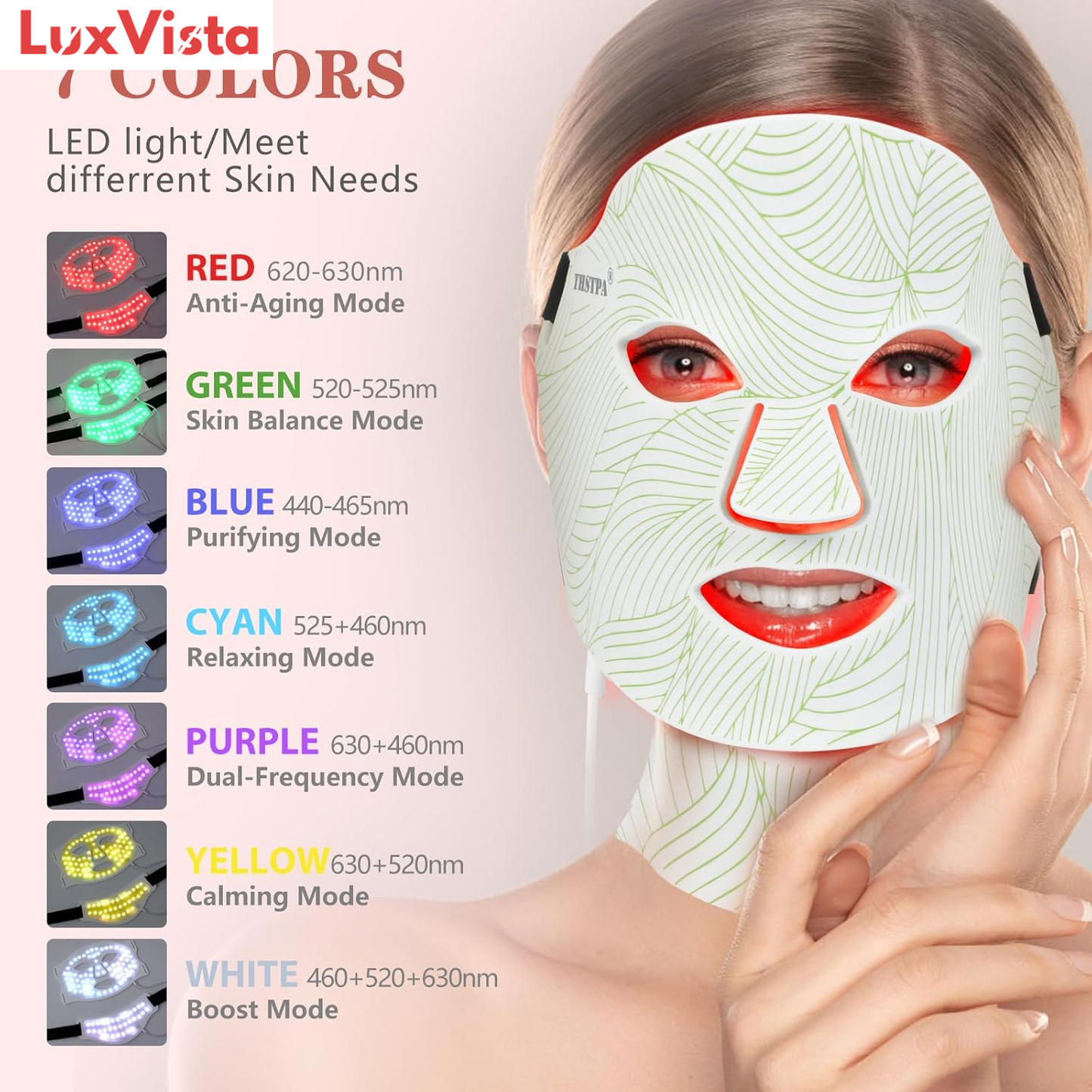 Led Face Mask Light Therapy,Red Light Therapy for Face and Neck,7 Colors LED Facial Skin Care Mask,5 Level Brightness Adjustment,309 LED Beads Can Be Used at Home,White Green