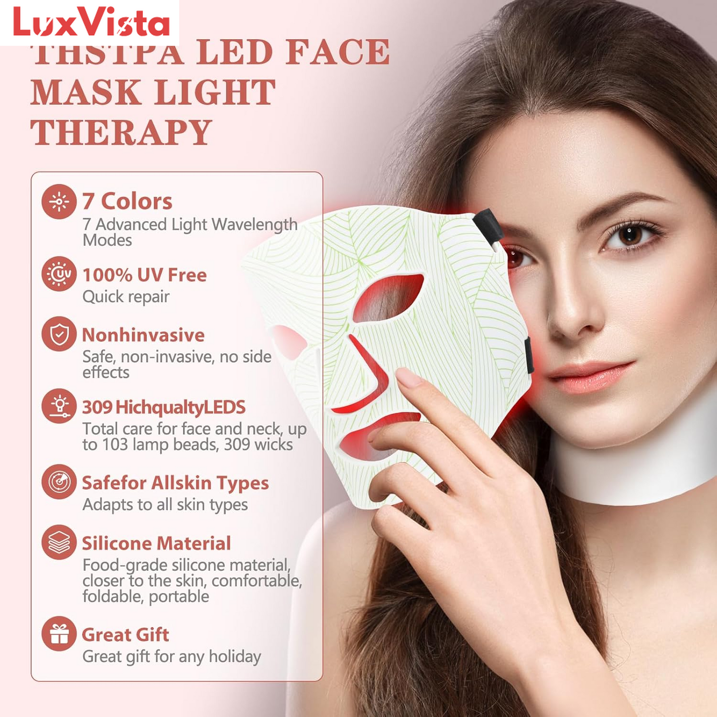 Led Face Mask Light Therapy,Red Light Therapy for Face and Neck,7 Colors LED Facial Skin Care Mask,5 Level Brightness Adjustment,309 LED Beads Can Be Used at Home,White Green