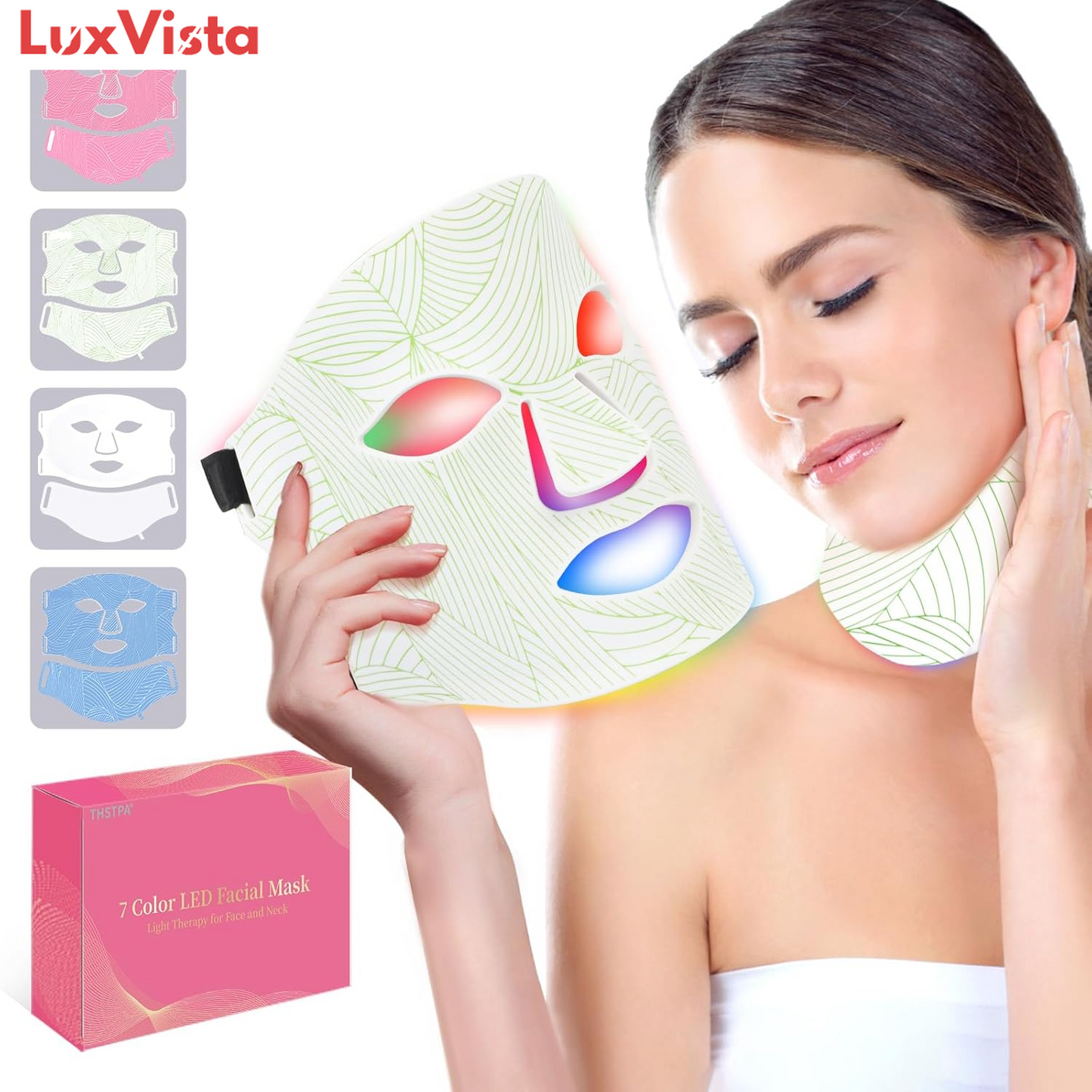 Led Face Mask Light Therapy,Red Light Therapy for Face and Neck,7 Colors LED Facial Skin Care Mask,5 Level Brightness Adjustment,309 LED Beads Can Be Used at Home,White Green