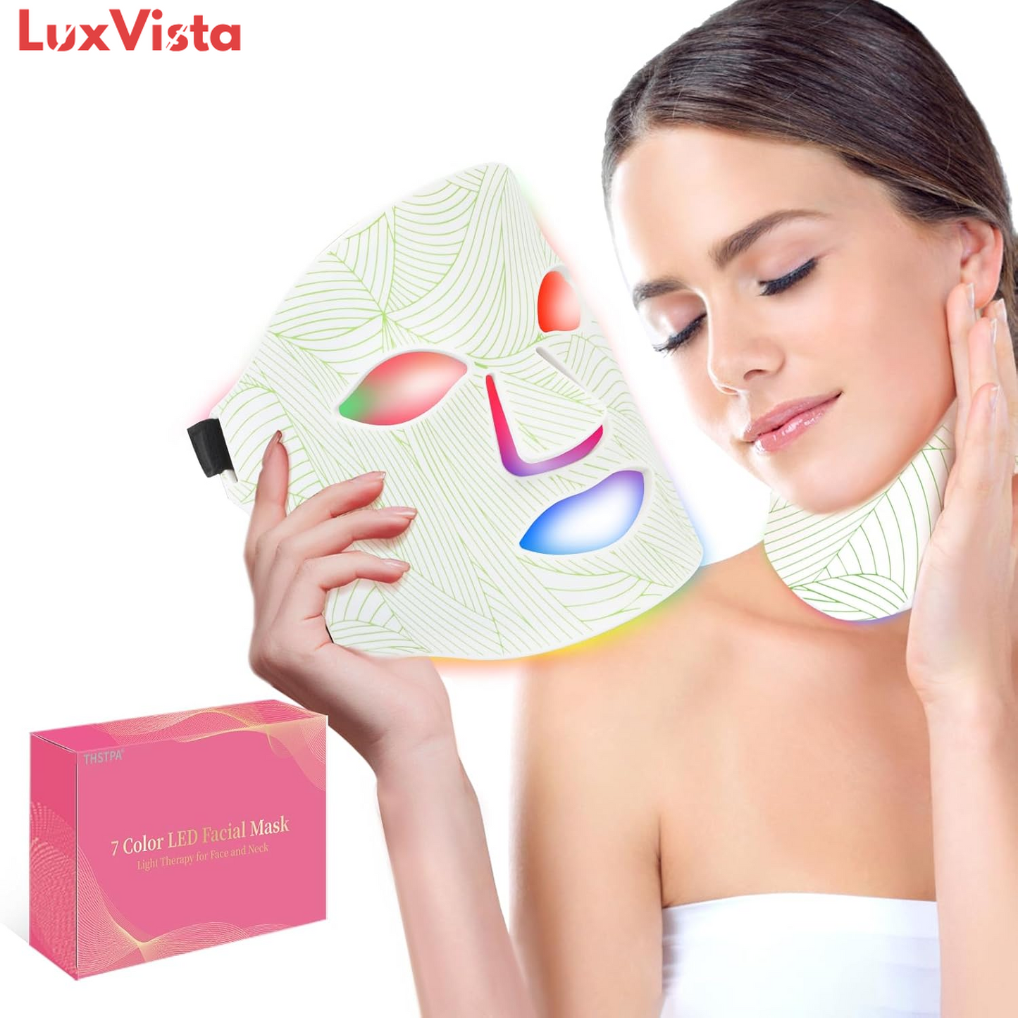 Led Face Mask Light Therapy,Red Light Therapy for Face and Neck,7 Colors LED Facial Skin Care Mask,5 Level Brightness Adjustment,309 LED Beads Can Be Used at Home,White Green