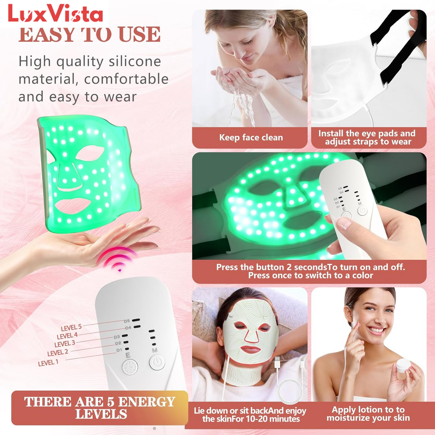 Led Face Mask Light Therapy,Red Light Therapy for Face and Neck,7 Colors LED Facial Skin Care Mask,5 Level Brightness Adjustment,309 LED Beads Can Be Used at Home,White Green