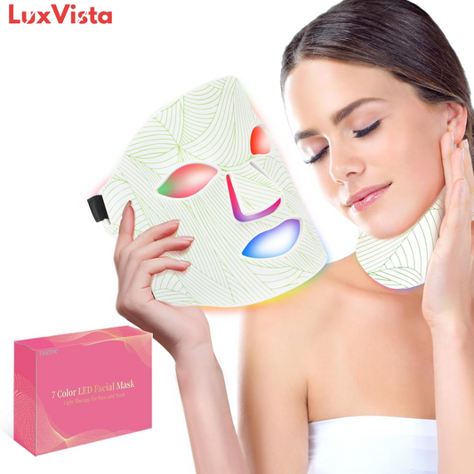 Led Face Mask Light Therapy,Red Light Therapy for Face and Neck,7 Colors LED Facial Skin Care Mask,5 Level Brightness Adjustment,309 LED Beads Can Be Used at Home,White Green